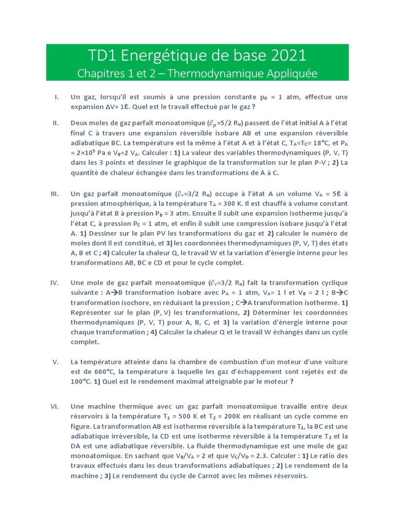 Thermodynamique : Travaux et Cycles de Gaz | PDF | Chaleur ...