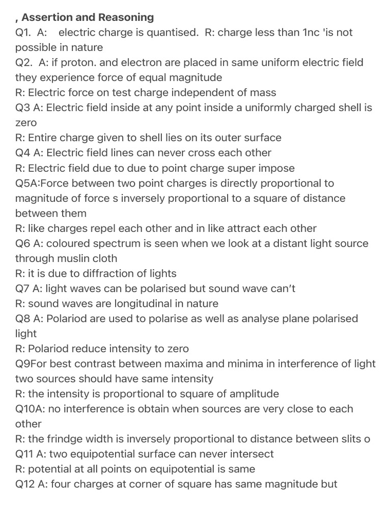 Physics Assertion and Reasoning Practice | PDF | Electric Field ...