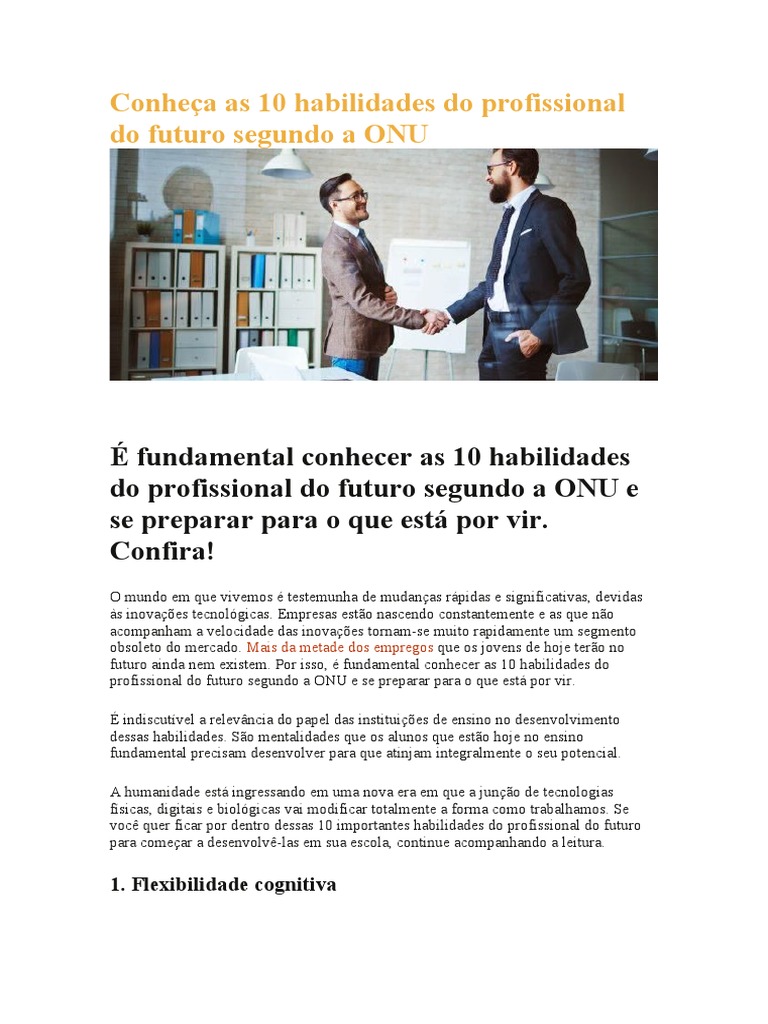 10 Habilidades Do Profissional Do Futuro Segundo A ONU | PDF | Gestão ...
