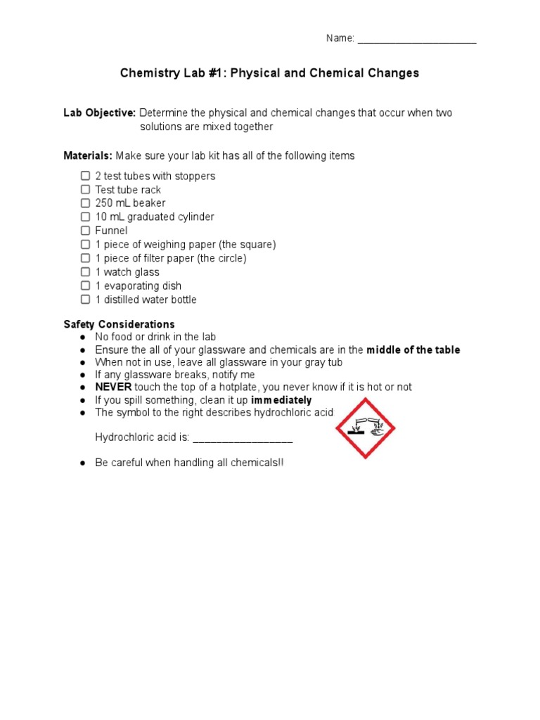 Physical and Chemical Change Lab PDF Filtration Precipitation