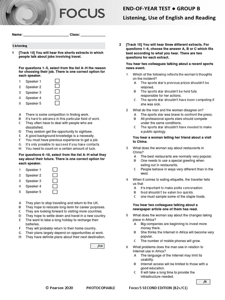 Focus5 2E End of Year Test Listening UoE Reading GroupB | PDF ...