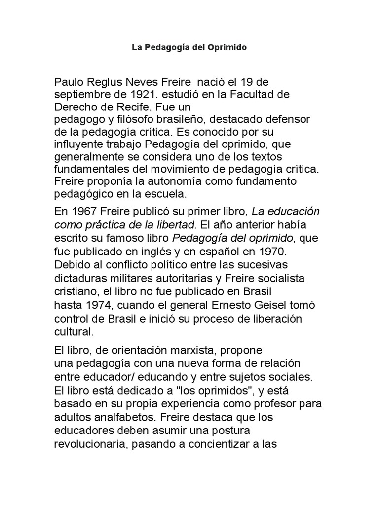 La Pedagogía Del Oprimido PDF Cognición