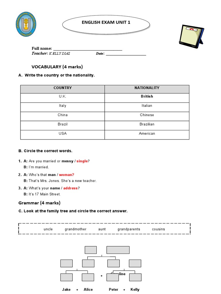 English Unit 1 Exam Questions and Answers | PDF | Grandparent