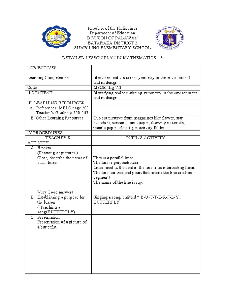 Symmetry Lesson Plan for Grade 3 | PDF | Symmetry | Lesson Plan