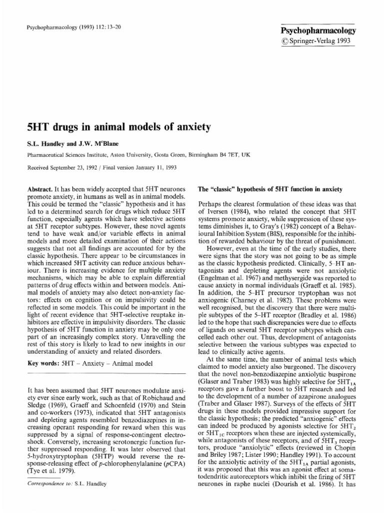 5HT Drugs in Animal Models of Anxiety PDF Serotonin Anxiety