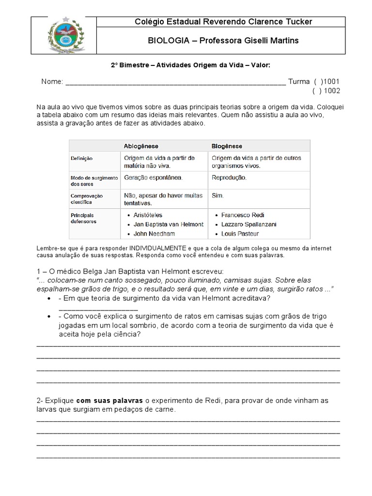 Atividades Origem Da Vida | PDF | Abiogênese | Organismos
