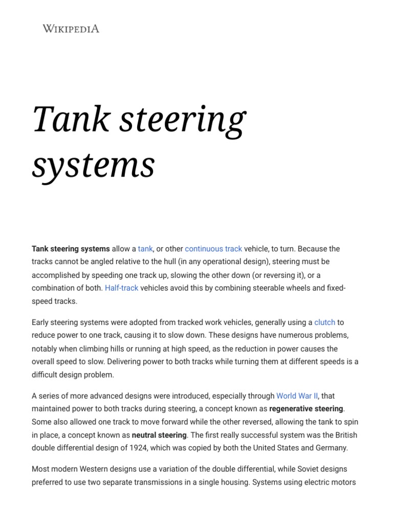 Tank Steering Systems Wikipedia PDF Armoured Fighting Vehicles