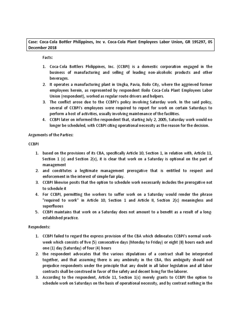 Coca Cola PDF Employment Working Time