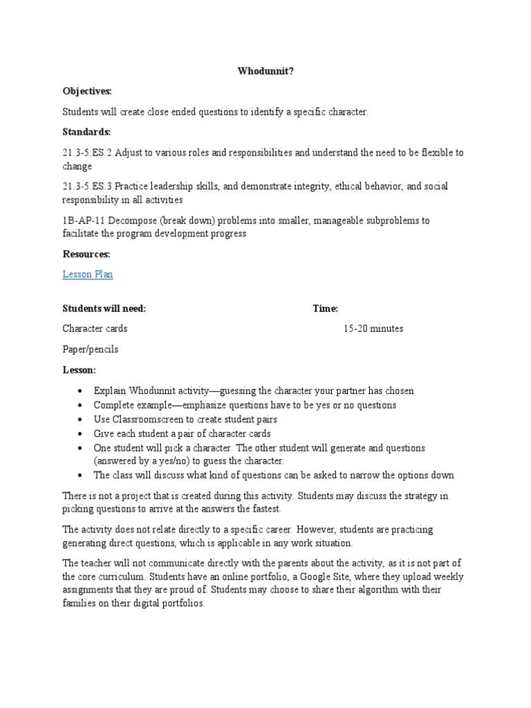 Whodunnit Lesson Plan | PDF | Career & Growth | Art