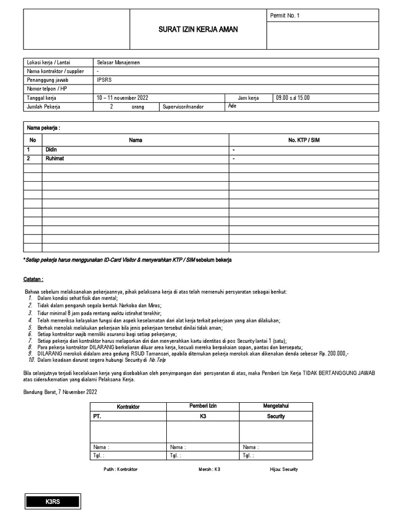 Surat Izin Kerja Aman K3RS | PDF