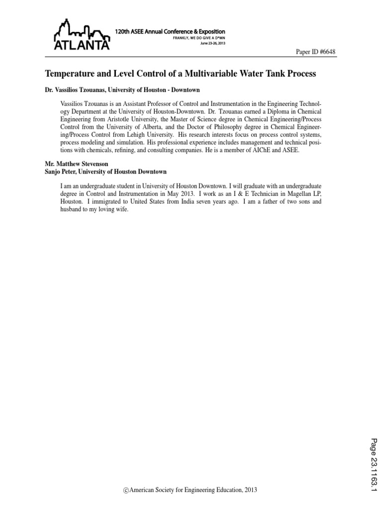 Water Tank Process Control Study | PDF | Control Theory | Temperature