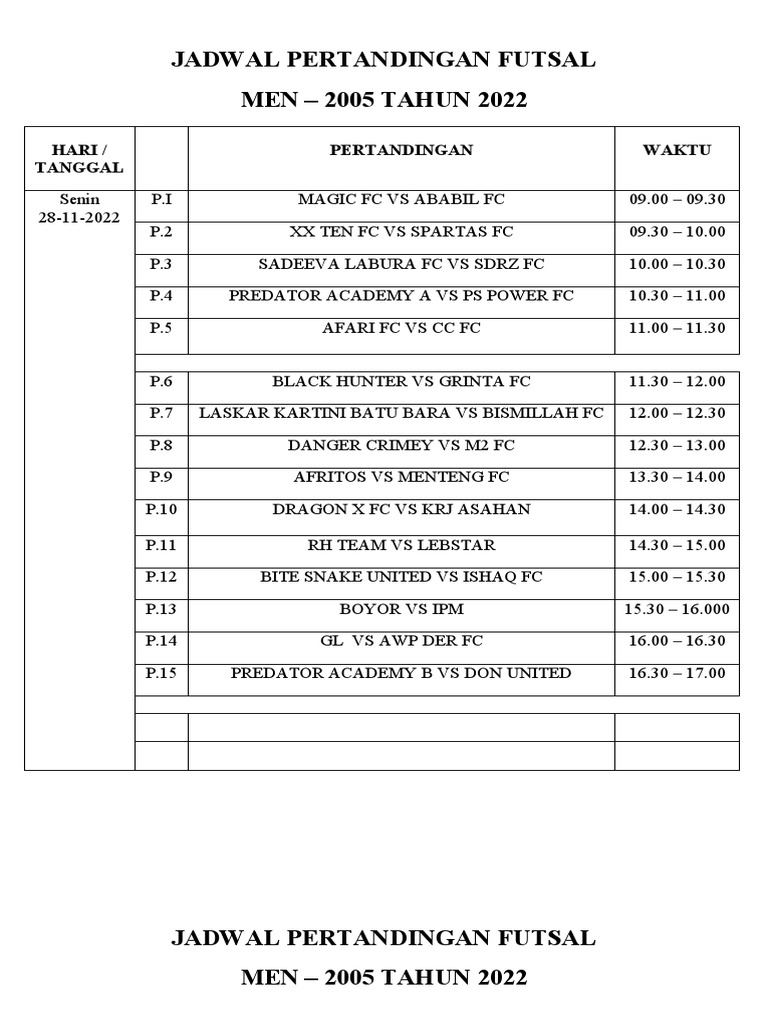 Jadwal Pertandingan Futsal | PDF