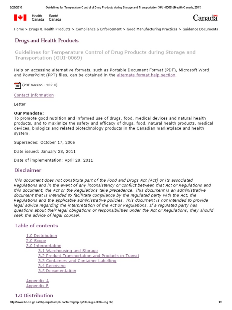 Guidelines For Temperature Control of Drug Products During Storage and Transportation Gui0069
