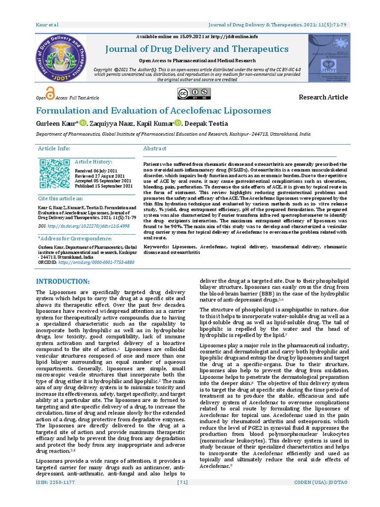 Formulation and Evaluation of Aceclofenac Liposome | PDF | Liposome ...