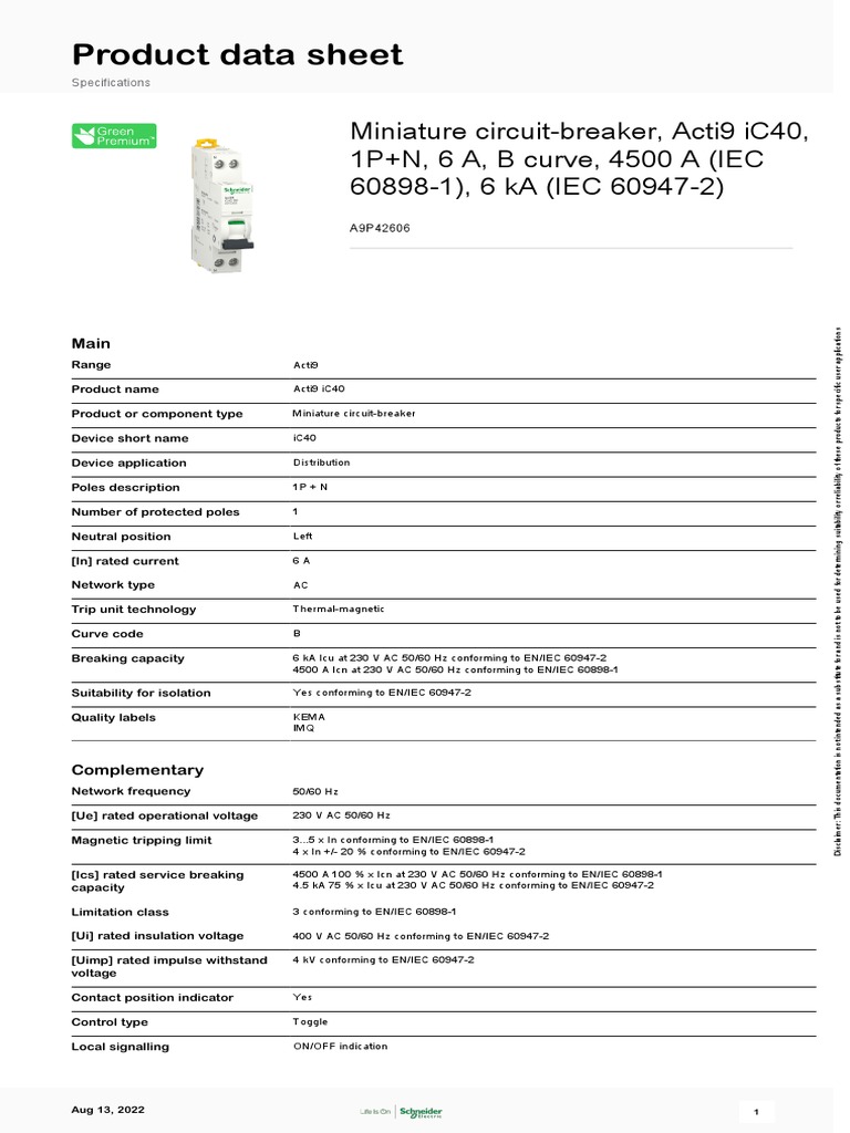 Acti9 Ic40 - A9P42606 | PDF | Alternating Current | Physical Quantities