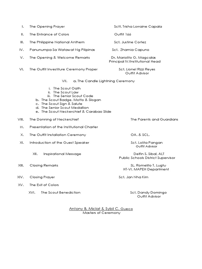 BSP Investiture Ceremony Program | PDF | Scouting