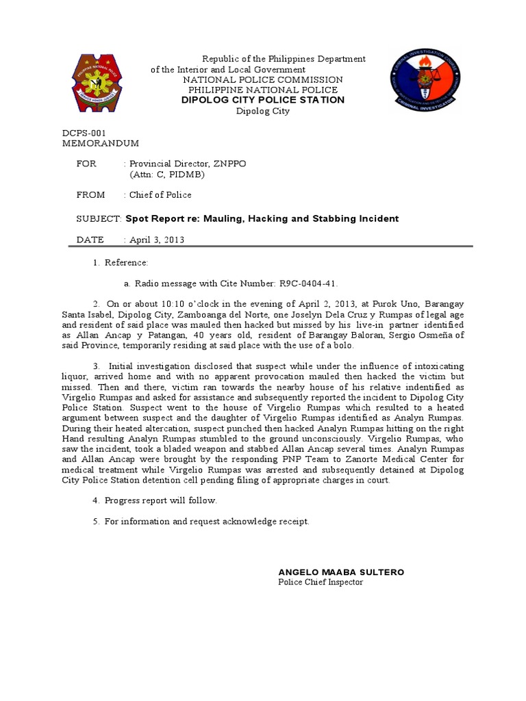 Final Report on a Mauling, Hacking and Stabbing Incident in Dipolog