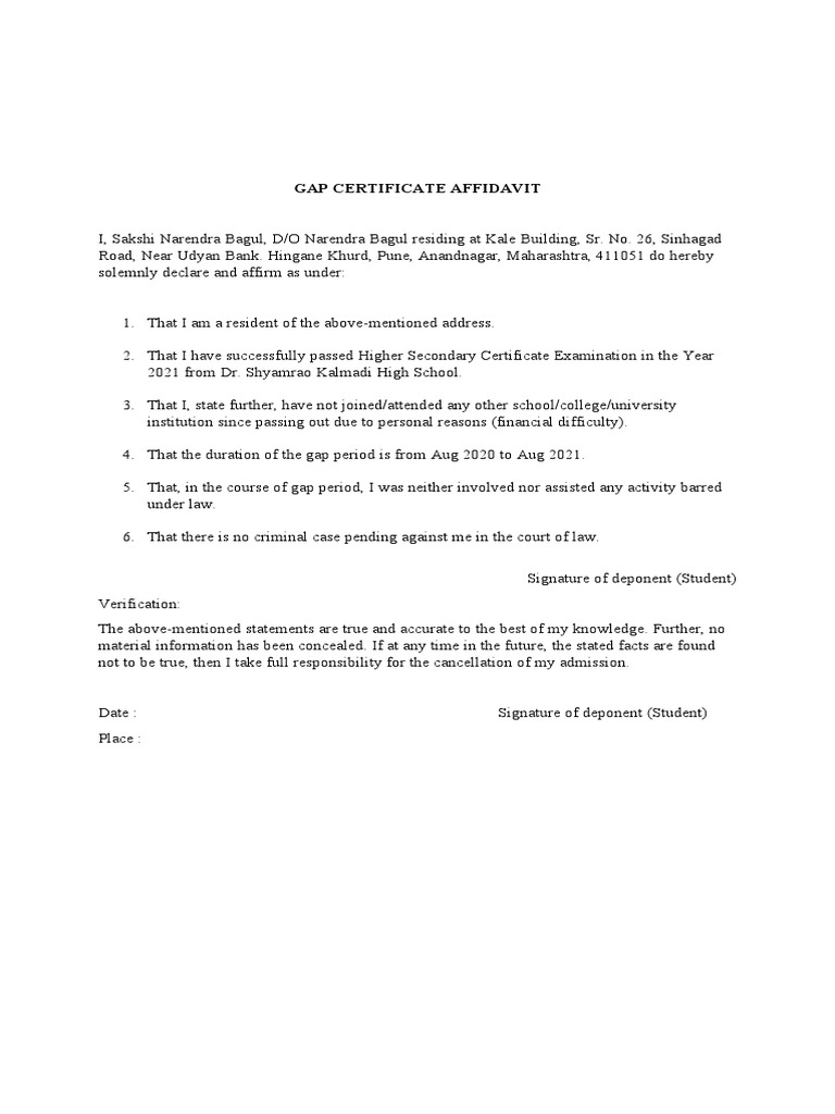 Gap Certificate Affidavit PDF
