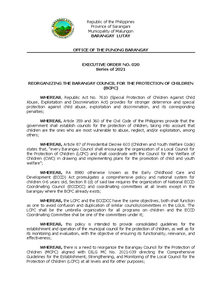 Reorganization of BCPC in Barangay Lutay | PDF | Child Care | Child Abuse
