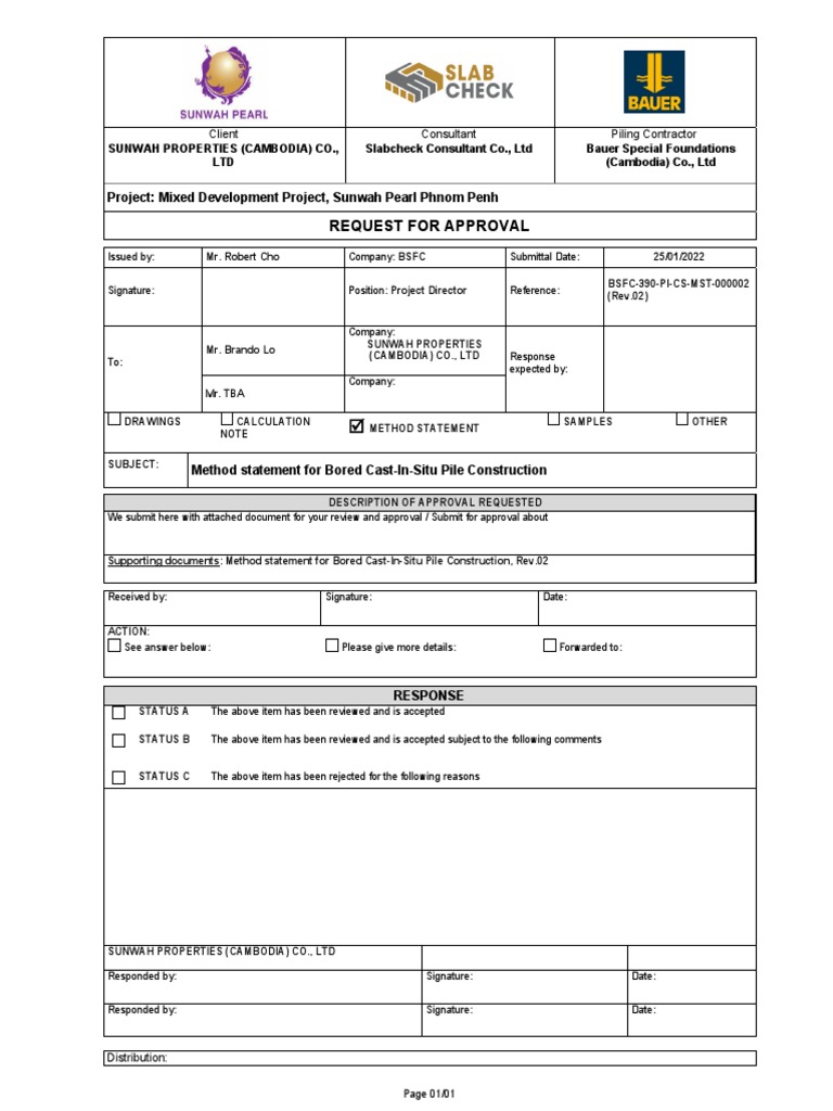 Bored Pile Construction Method Statement | PDF | Deep Foundation | Concrete