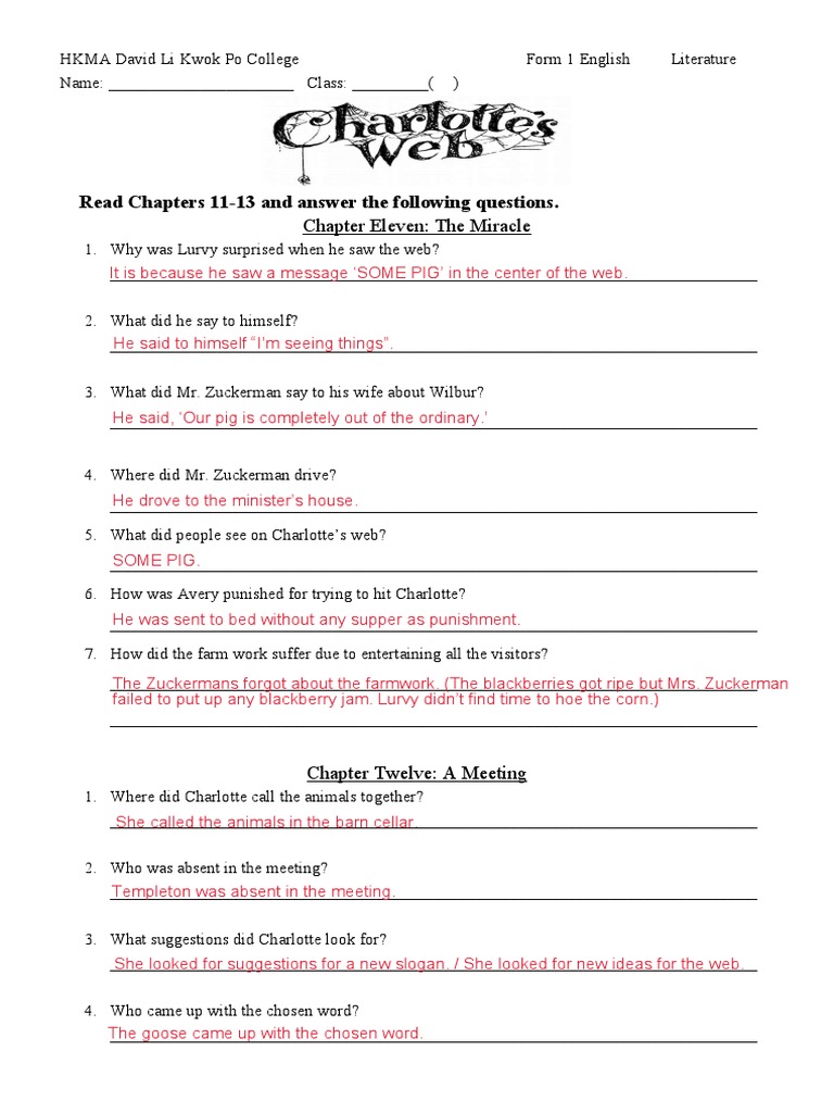 Microsoft Word - Charlotte&rsquo;s Web WS CH 11-13 | PDF