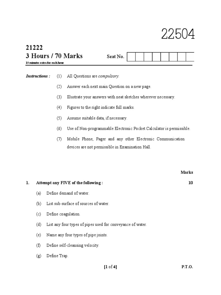 Water Supply and Sanitation Exam Questions Covering Key Concepts Such
