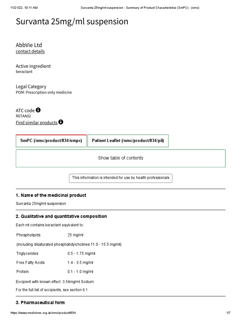 Survanta 25mg/ml Suspension Overview | PDF | Respiratory System | Breathing