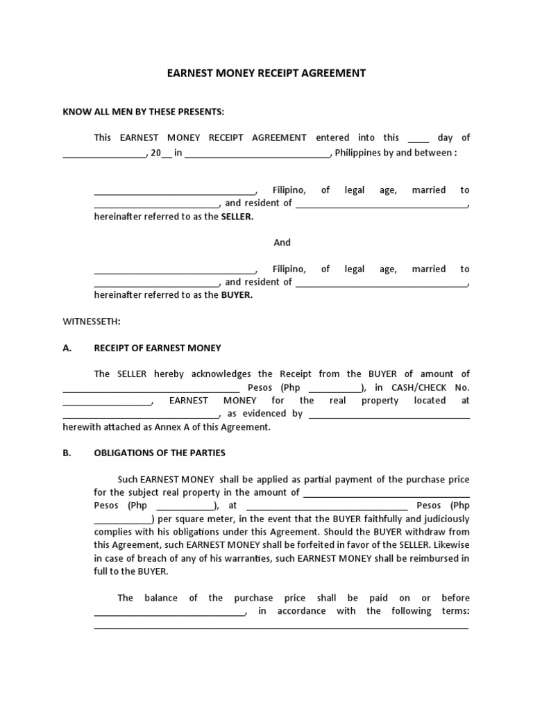 EARNEST MONEY RECEIPT AGREEMENT PDF Private Law Common Law