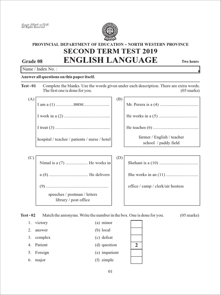 Grade 08 english 2nd term test paper with answers 2019 north western