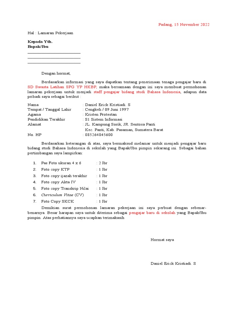 Surat Lamaran Kerja | PDF