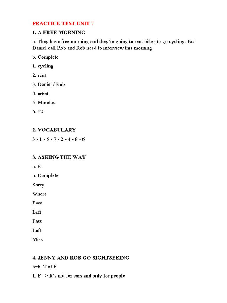 Practice English Skills Test with Sections on Bike Renting, Vocabulary