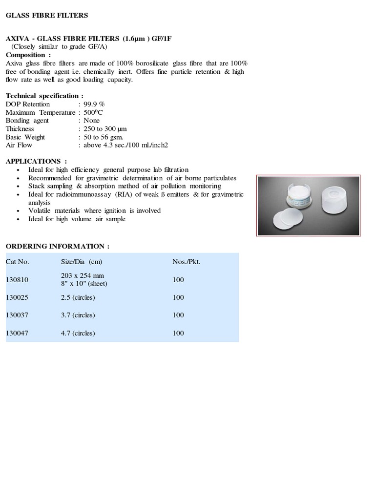 Axiva Glass Fibre Filters Overview | PDF | Filtration | Glasses