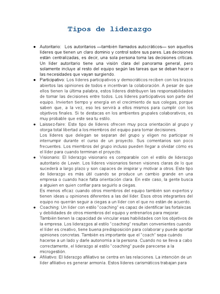 Tipos de Liderazgo | PDF | Crecimiento personal y profesional | Negocios