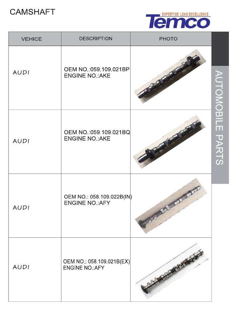 Catalog of Camshaft Part Numbers for Various Vehicle Engines PDF
