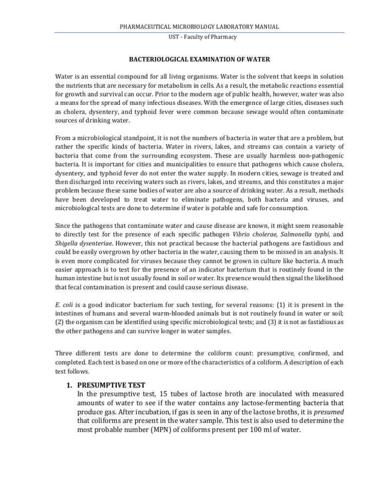 Handout On Exercise 12 Bacteriological Examination of Water PDF