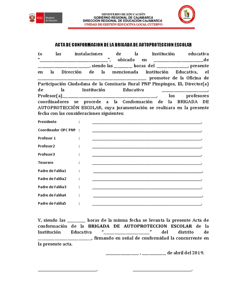 Acta de Conformacion de La Brigada de Autoproteccion Escolar Ugel ...