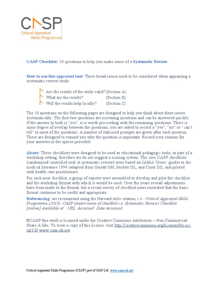 CASP Systematic Review Checklist 2018 Word PDF Systematic
