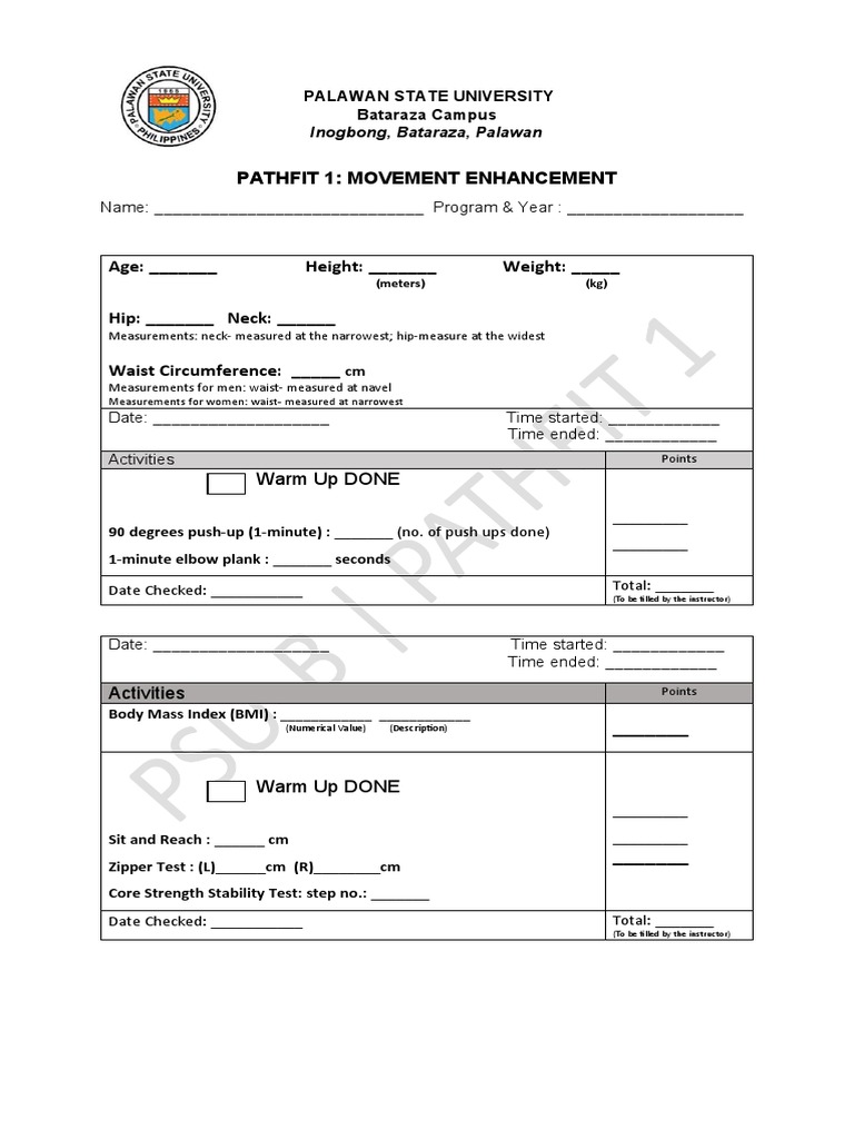 P1. Physical Fitness Test Form (Word File) | PDF | Body Mass Index | Waist