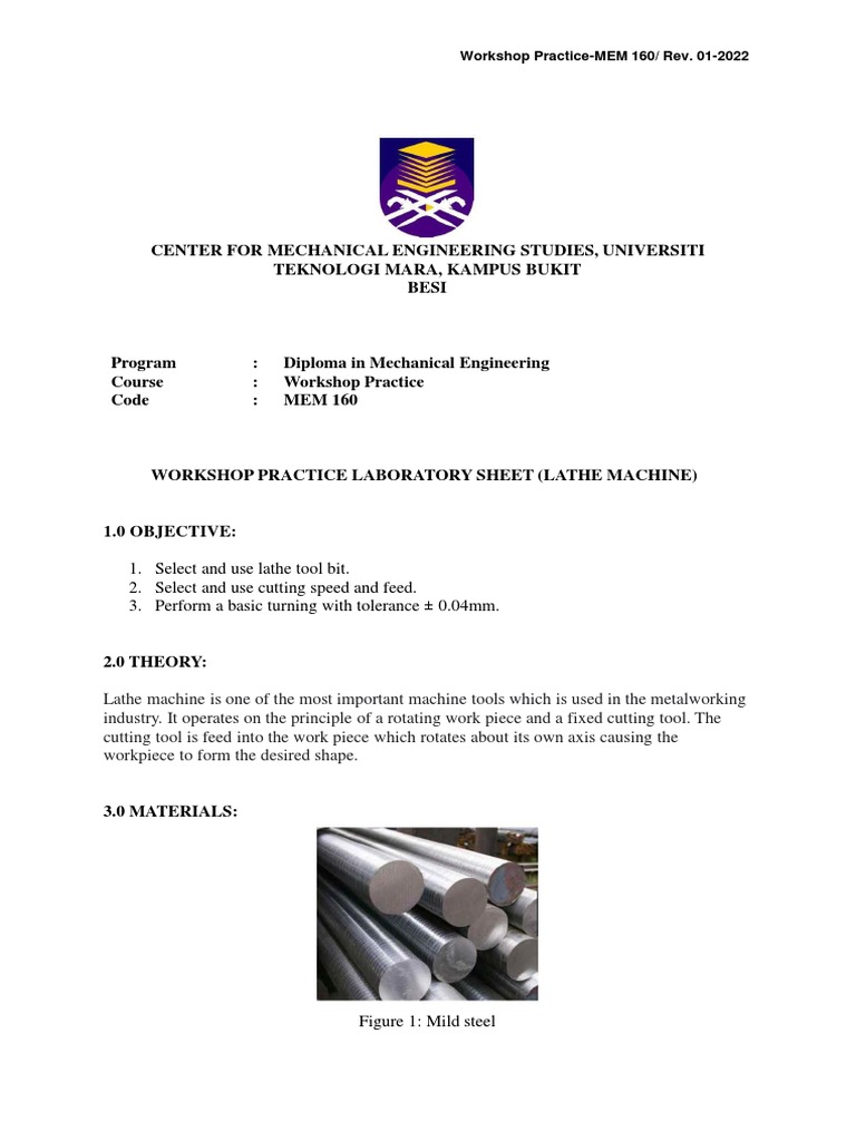 Lathe Machine Lab Sheet Mem160 V1 PDF
