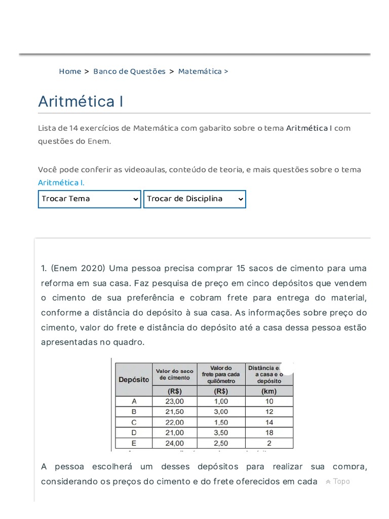 Questões Sobre Aritmética I_ Enem Com Gabarito | PDF