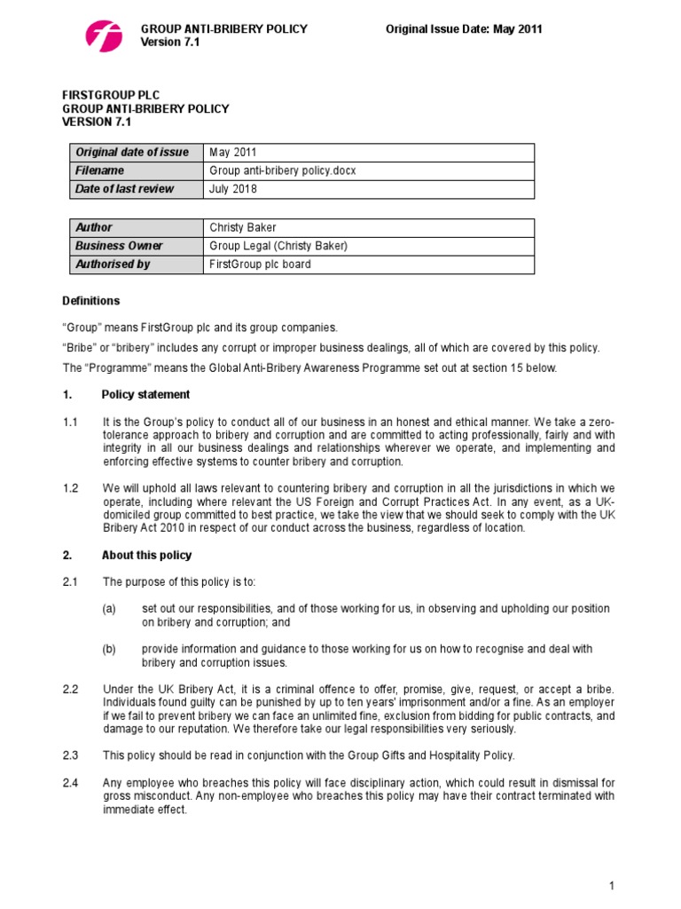 Anti-Bribery Polic | PDF | Bribery | Corruption