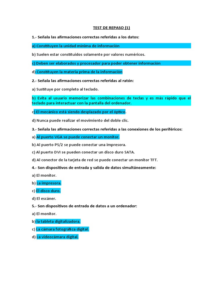 Test de Repaso: Computación Básica | PDF | Periférico | Hardware de la ...