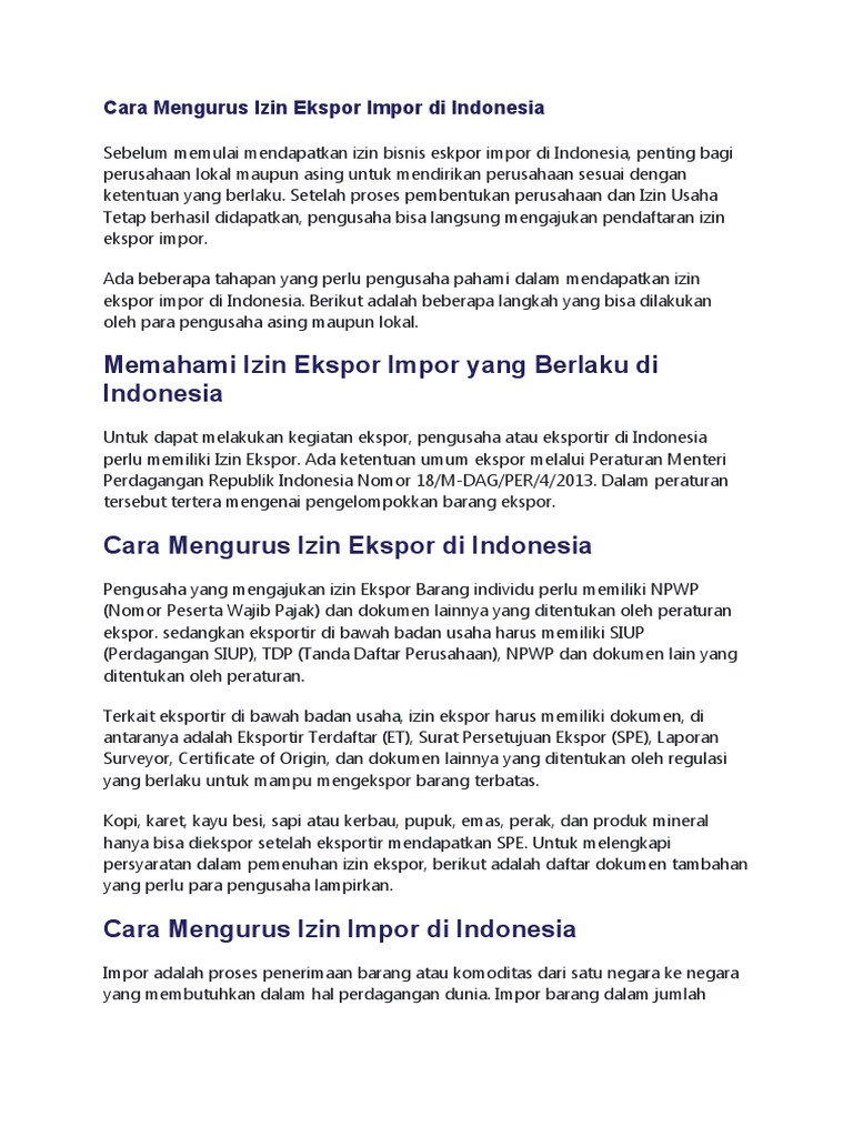 Cara Mengurus Izin Ekspor Impor Di Indonesia Pdf
