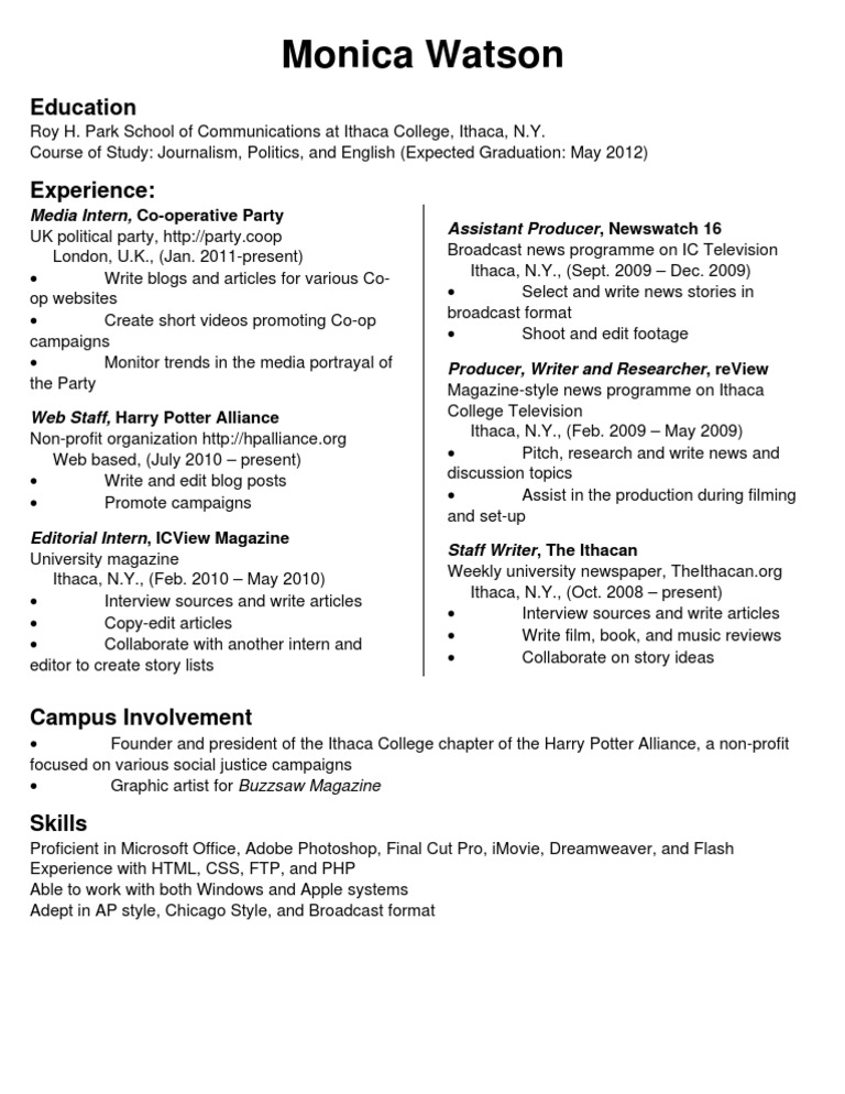 Monica Watson: Journalism & Media Experience | PDF