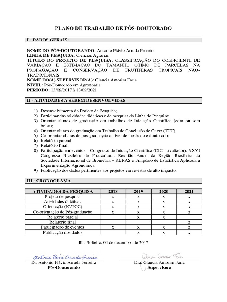 Plano de Trabalho Pos Doc Antonio | Download grátis PDF | Experimento ...