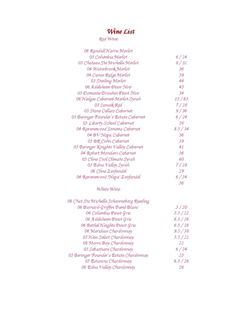 Comprehensive Wine List: Reds, Whites, Sparklings | PDF
