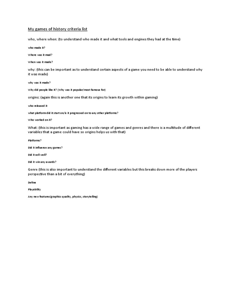 My Games of History Criteria List | PDF | Games & Activities
