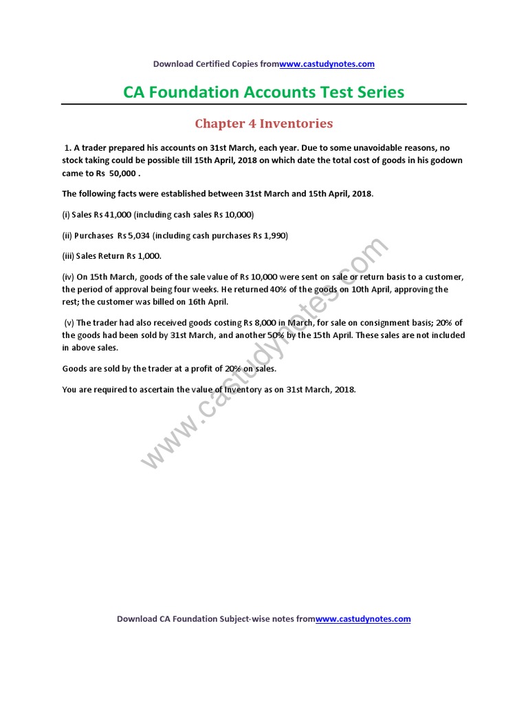 Ca Foundation Accounts Chp 4 Test Series Model Answer Pdf Inventory