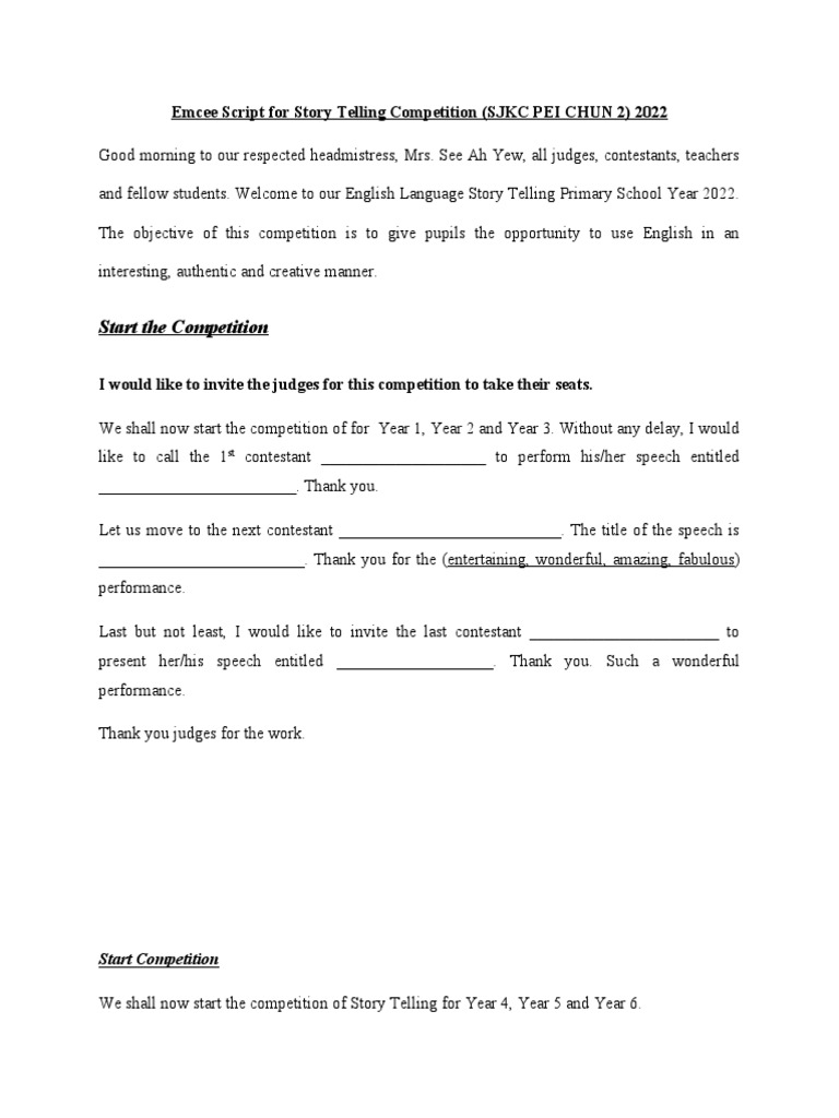 Emcee Script for Storytelling Contest | PDF