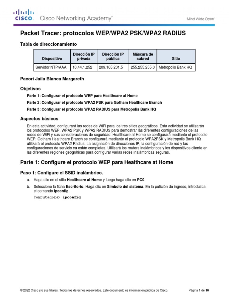 3.3.2.7 Packet Tracer - WEP WPA2 PSK WPA2 RADIUS | PDF | Dirección IP ...